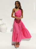 Red Boho Asymmetrical Solid Color Sexy One Shoulder Straped Bodycon Midi Dress Women Casual Summer Party Slip Dresses A1233