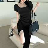 Woman Spring Summer Style Bodycon Dress Female Sexy Short Sleeve Square Collar Split Sheath Dress Vestidos SS087