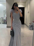 elegant Feather Y2K Clothes Sleeveless Backless Side Slit Bodycon Maxi Dresses For Women  Club Party Evening