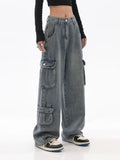 themeisles Vintage And Worn Wide Leg Jeans Women's Summer American High Street Design Straight Tube Overalls Pants Trendy Ins Women's Jeans