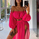 Women Mesh Sheer Bikini Cover-Ups Set See-Through Long Sleeve Crop Tops And Cover Up Skirts Two Piece Swimwear Beach Dresses