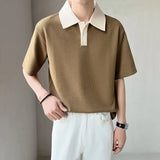 Momentlover  -  Summer Button Breathable Short Sleeve Waffle Elasticity Turn-down Loose T-Shirt Patchwork Korean Business POLO Oversize Shirt