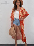 Printed Fringed Long Kimono Dress Bikini Wrap Cover-Ups Plus Size Women Summer Clothes Beach Wear Swim Suit Cover Up A1098