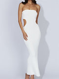 Women Tube Dress Strapless Off Shoulder Cutout Solid Color/Striped Print Knitted Long Dress Summer Beach Vestido