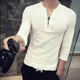 Momentlover  -  Stylish Printed Solid Color Stand Collar Letter T-Shirt Men's Clothing Autumn New Casual Pullovers Loose Korean Tee Shirt