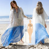 Blue Bohemian Embroidered Batwing Sleeve Side Split Summer Beach Dress Chiffon Tunic Women Plus Size Beachwear Kaftan Q746