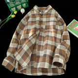 Momentlover  -  Korean Street Plaid Shirt Coat Men's Long Sleeve Turn Down Collar Casual Shirts Vintage College Style Unisex Fashion Clothing