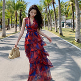 Designer Floral Print Maxi Dresses For Women Beach Style Neck-Mounted Summer Robe Dress Female Floor-Length Strapless
