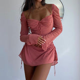 Pink Mini Hollow Dress For Women  Summer Flare Sleeve Lace Up Evening Party Night Club Sexy Dresses Y2K Girl Aesthetic Black