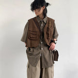 Momentlover  -  Japanese Retro Short Workwear Vest College Style Loose Casual High Street Jacket Bottoming Shirt Shorts Suit Female Clothes