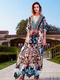 Solid Plus Size Long Kaftan Casual V-Neck Robe Summer Batwing Sleeve Woman Clothing Side Split Beachwear Maxi Dress Q1383