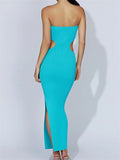 Women Tube Dress Strapless Off Shoulder Cutout Solid Color/Striped Print Knitted Long Dress Summer Beach Vestido