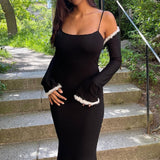 Black Friday Sales Ins Spring Fall For  Fashion Black Elegant Evening Party Women's Clothes Prom 2 Piece Long Sleeves Maxi Dress