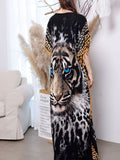 Elegant Tiger Printed Long Dreen  Women Summer Tassel Batwing Sleeve Dress Beach Wear Long Robe De Plage A925