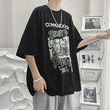 Momentlover Summer Men's Clothing Short Sleeve Loose Trend Fashion Printed Round Neck Casual Hong Kong Breeze Handsome Simplicity T-shirt