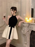 Geuxml  Women Fashion Office Elegant Dress Sleeveless Beach Slim Party Prom French Lady Black White Mini Dresses Bow Clothes Temperament
