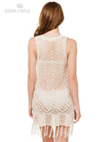White Crochet Tunic Bikini Cover-Ups Sexy Hollow Out Sleeveless Fringed Mesh Dress Women Beach Wear Casual Mini Dress Q1398