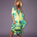 Printed Summer Holiday Dress Blue Tunic Women Beach Wear Kaftan V-Neck Bats Sleeve Maxi Dress Robe Q956