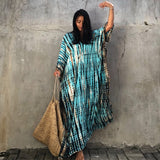 Printed V-Neck Batwing Sleeve Side Split Loose Dress For Women Clothes Plus Size Beachwear Maxi Dress Q1218