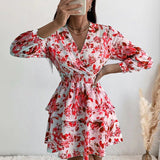 Back to School Women's Sexy V Neck Long Sleeve Mini Dress Boho Floral Print High Waist Elegant Women Clothing Ruffle Office Party Dresses Robe