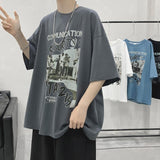 Momentlover Summer Men's Clothing Short Sleeve Loose Trend Fashion Printed Round Neck Casual Hong Kong Breeze Handsome Simplicity T-shirt