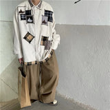 Momentlover  -  Men New Chinese Style Pure Cotton Printed Lapel Single-breasted Shirt Long-sleeved Trendy Loose and Versatile Shirt White