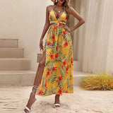 Back to School Summer Dresses For Women  Sexy Split Long Dresses Beach Floral Dress Open Back Bow Knot Open Collar Slit Dress Vestidos