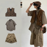 Momentlover  -  Japanese Retro Short Workwear Vest College Style Loose Casual High Street Jacket Bottoming Shirt Shorts Suit Female Clothes