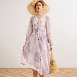 Purple Tie Dyed Spring Fall Dress Women Official Lady Maxi Dresses A-LINE Designer V-Neck Vintage Elegance Vestido De Mujer
