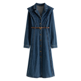 Retro Style Temperament Pure Cotton Denim Dress for Female  Autumn Chic High Waist Slim Single-breasted Dress with Belt