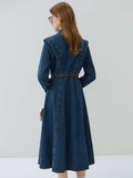 Retro Style Temperament Pure Cotton Denim Dress for Female  Autumn Chic High Waist Slim Single-breasted Dress with Belt