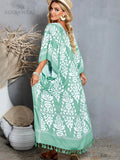 Printed Fringed Long Kimono Dress Bikini Wrap Cover-Ups Plus Size Women Summer Clothes Beach Wear Swim Suit Cover Up A1098