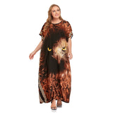 Elegant Tiger Printed Long Dreen  Women Summer Tassel Batwing Sleeve Dress Beach Wear Long Robe De Plage A925