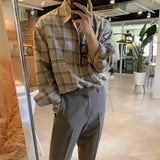 Momentlover  -  Men Casual Plaid Shirts Single Breasted Long Sleeve Loose Blouse Male Korean Chic Streetwear Fashion All-match Outwear BF