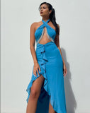 Halter Tassel Sexy Dress Women Maxi Solid Hollow Split Backless Ruffles Bodycon Coquette Party Stretch Skinny Outfit