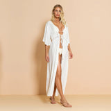 Sexy Hollow Out White  Summer Dress Beach Tunic Women Beachwear Long Sleeve Front Open Self Belted Maxi Dresses Q964