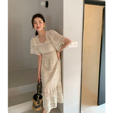 Lace Floral Printed Fashion Chic Satin Vintage Woman Bodycon Dress Square Collar Short Sleeve Hollow Out Vestido De Mujer
