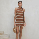 Sexy Striped Dress Blue Crochet Tunic Elegant Sleeveless Women Summer Dress Beach Wear Swim Suit Cover Up