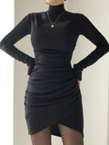 Fashion Elegant Bodycon Ruched Autumn Winter Dress Female Draped Basic Casual Dresses Turtleneck Outfits Long Sleeve
