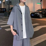 Momentlover  -  Summer Men's Sets Half Sleeve Blazer Suits Solid Short Sleeve Button Shirt + Shorts Korean Handsome Loose  2 Piece Set Outfits