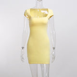 Women Summer Style knitted Dress Lady Sexy Square Low cut Collar Short Sleeve Hollow out Backless Mini Sheath Dress SS277