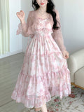 Summer Floral Pink Dress Women Print Fairy Midi Dresses Female Holiday High Street Designer Chic Korean Fashion Strap Dress