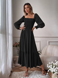 Back to School Vintage Square Neck Midi Dress Long Sleeve Ruffle A Line Robe High Waist Elasticity Commuter Office Lady Casual Long Dresses