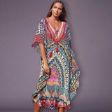 Printed Summer Holiday Dress Blue Tunic Women Beach Wear Kaftan V-Neck Bats Sleeve Maxi Dress Robe Q956