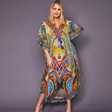 Quick-Drying Bohemian Printed Loose Summer Beach Dress Moroccan Kaftan Women Plus Size Beachwear Tassel Midi Dress Q897