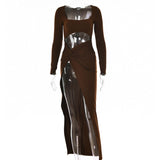 Openwork Fashion Temperament Slim High Slit Dress Summer Dress Full Sleeve Ruched Club Party Long Dress