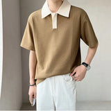 Momentlover  -  Summer Button Breathable Short Sleeve Waffle Elasticity Turn-down Loose T-Shirt Patchwork Korean Business POLO Oversize Shirt