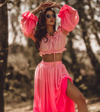Women Mesh Sheer Bikini Cover-Ups Set See-Through Long Sleeve Crop Tops And Cover Up Skirts Two Piece Swimwear Beach Dresses