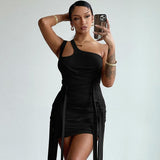 New Solid Color Sexy One-shoulder Strap Skinny High-waisted Hip Wrap Bodycon Dress Fringed Irregular Mini Dresses