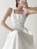 themeisles Korean Straps Midi Dress for Women  New Fashion Elegant Square Collar Sleeveless White Dress Chic Fairycore Vintage Dresses